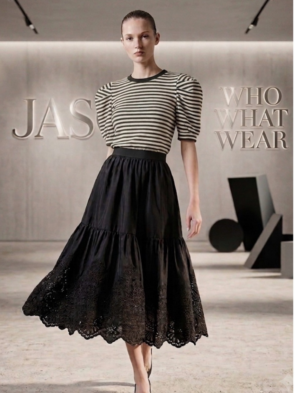 Authentic Jason Wu designer black skirt w/ Who What Wear stripped top L outfit